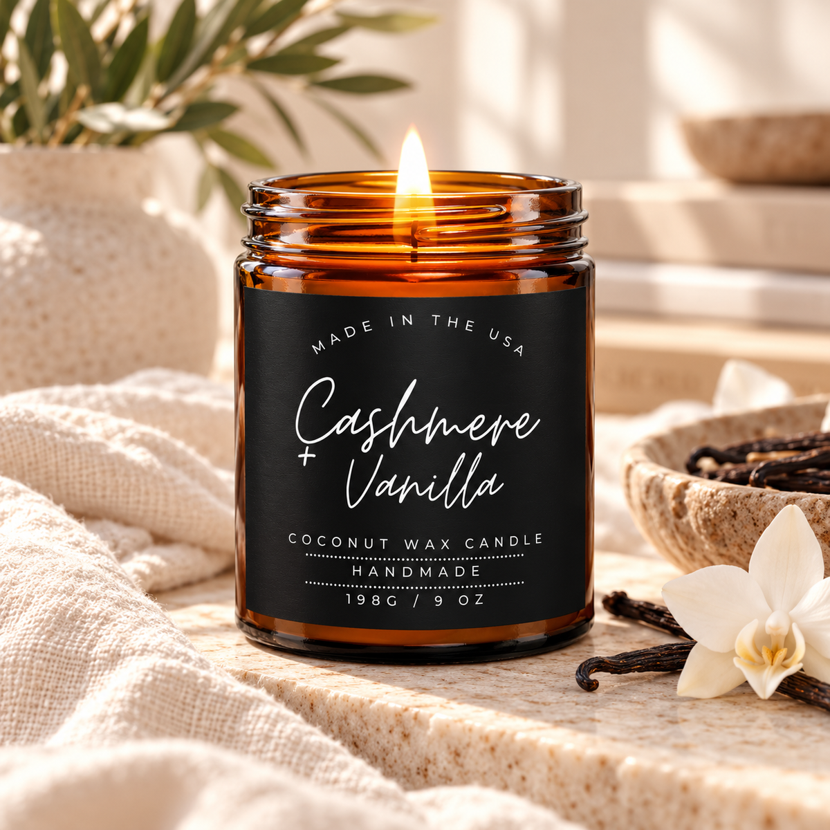 Custom label candle in amber jar with black script label design – Style 11