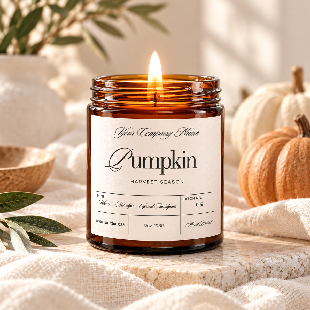 Custom label candle in amber jar with white apothecary label design – Style 12