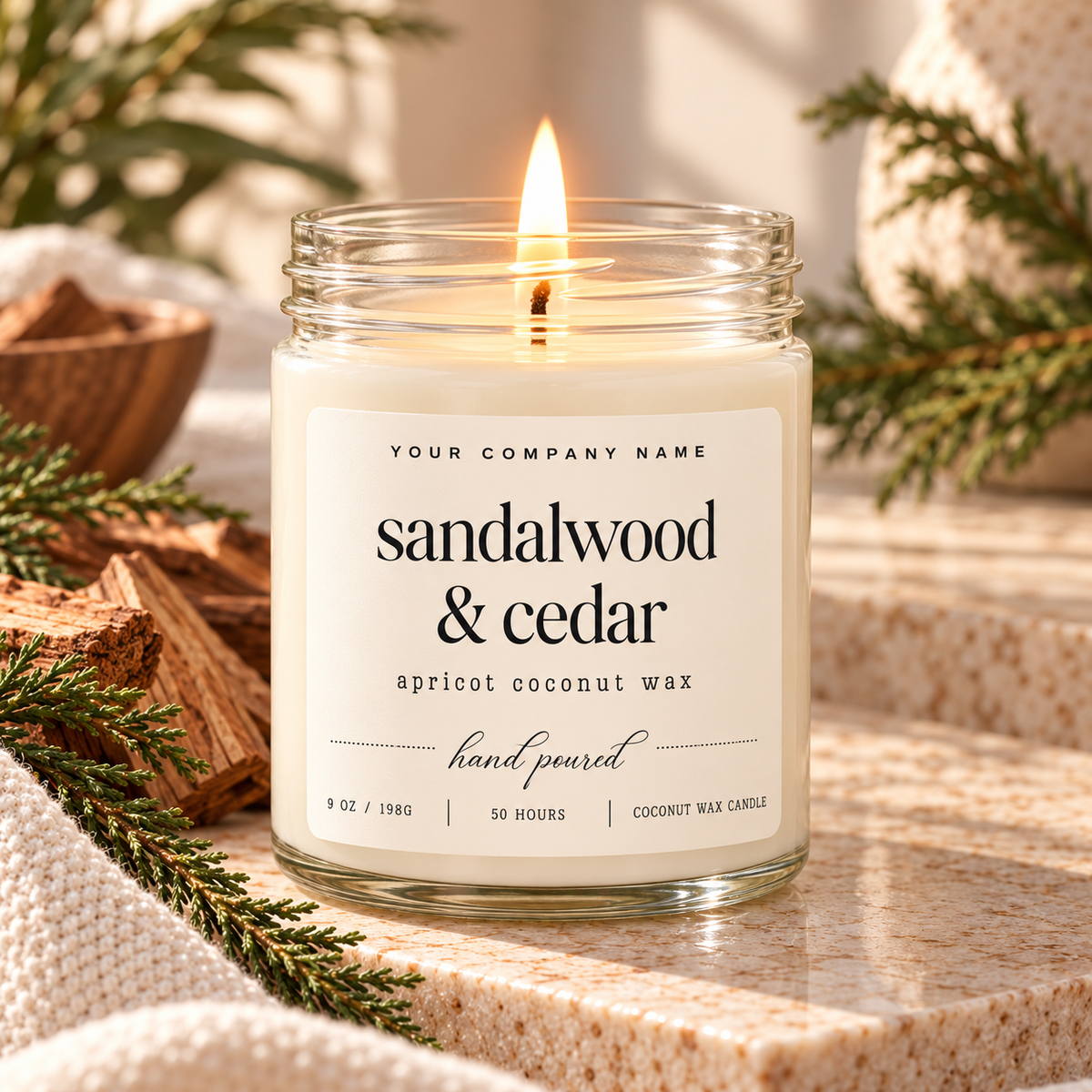 Custom label candle in clear jar with lowercase serif label design – Style 16
