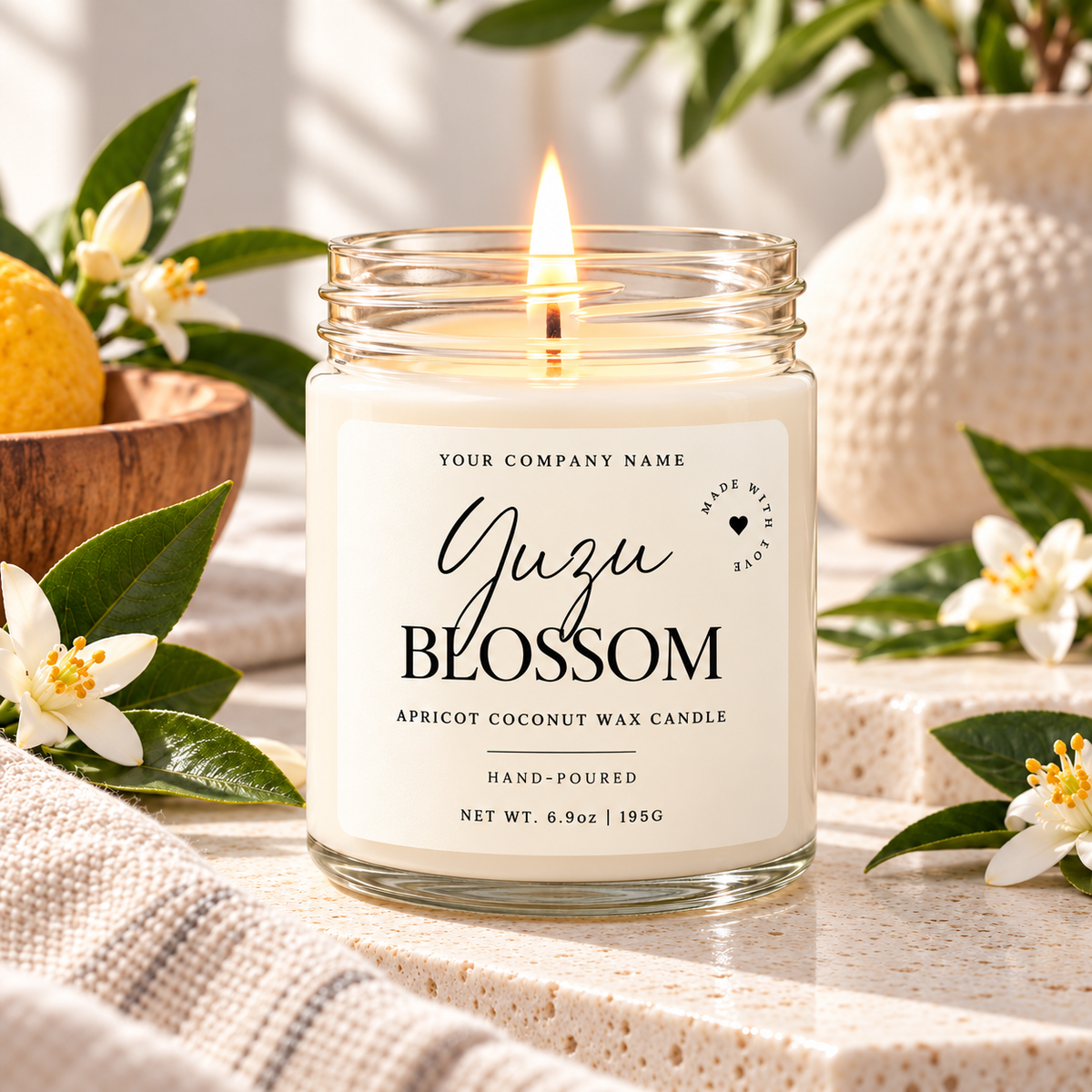 Custom label candle in clear jar with white script & serif label design – Style 13