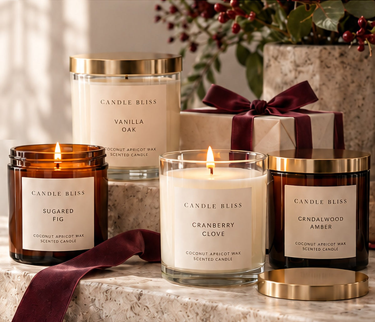 Candle Bliss amber and clear jar candles on a stone riser with oxblood velvet ribbon and a gift box