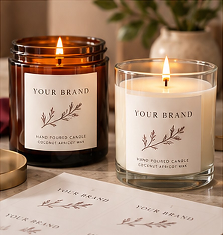 Amber and clear jar candles with custom YOUR BRAND labels and label proofs