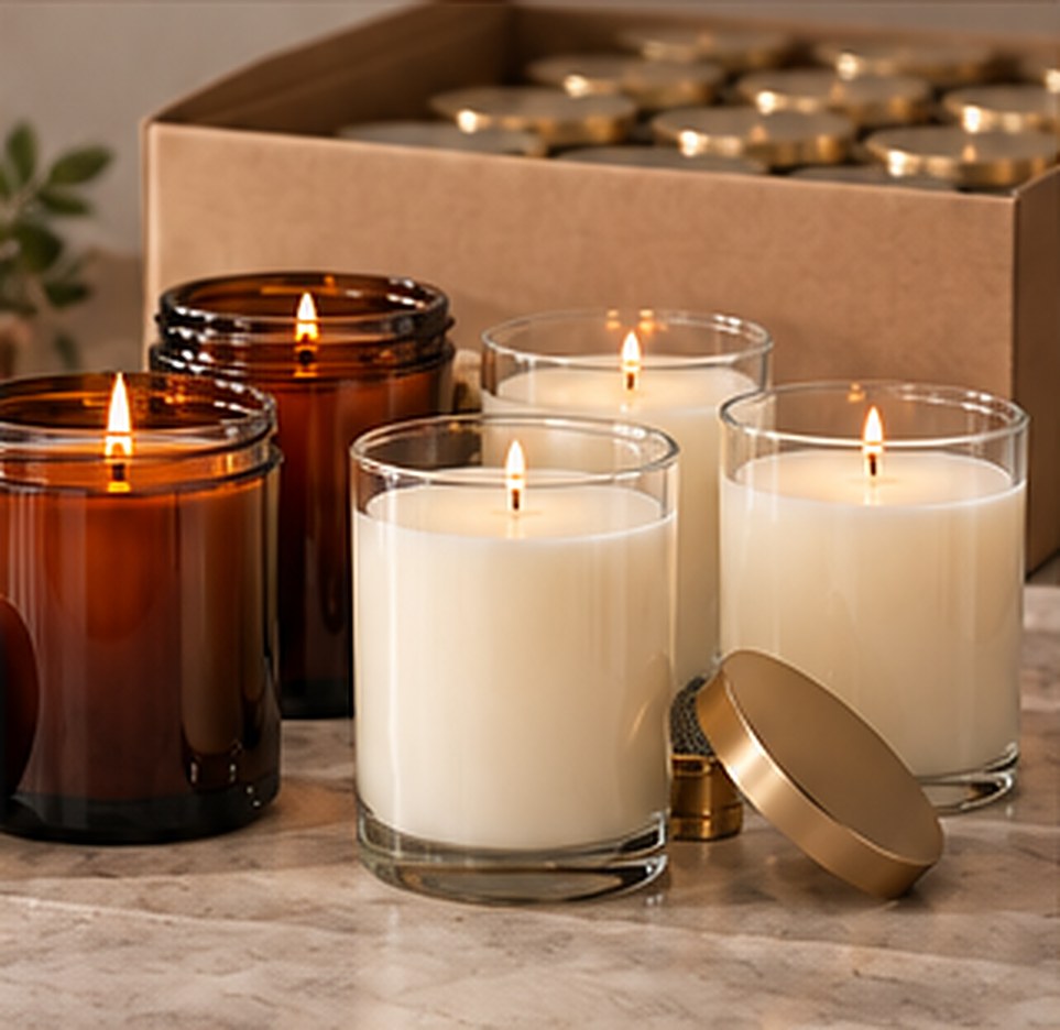 Unlabeled amber and clear jar candles with an open shipping case