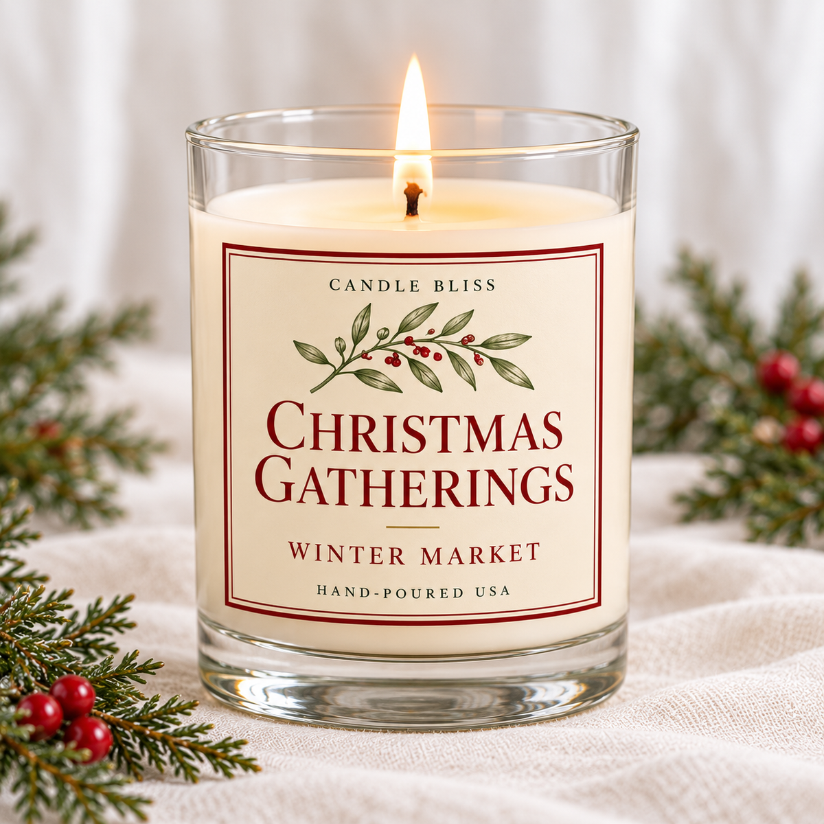 Christmas Gatherings Winter Market scented candle – Candle Bliss Bliss Collection, 12oz clear glass tumbler, hand-poured coconut apricot wax