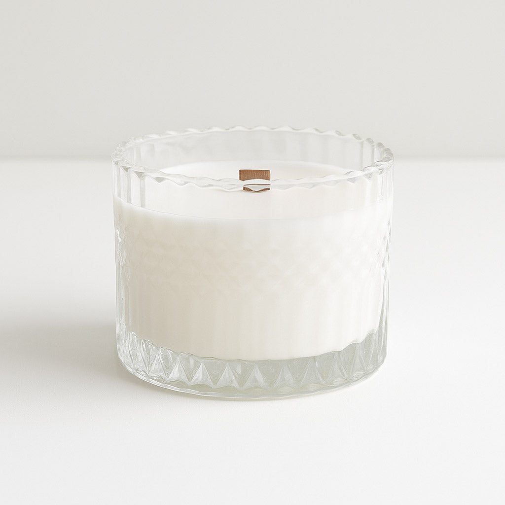 Faceted Crystal Glass Candle with Wooden Wick & Lid – Luxe Shelf-Ready Retail Candle