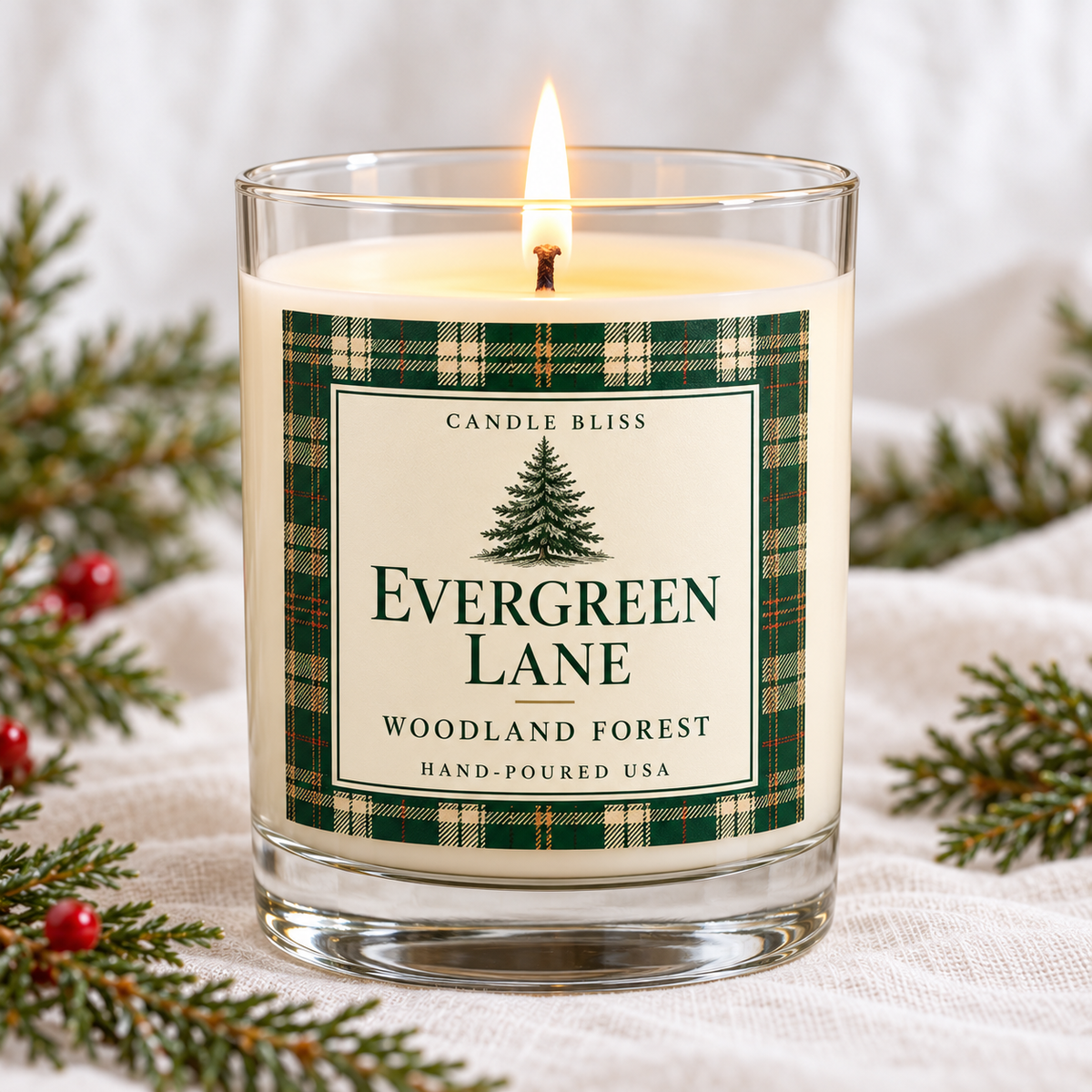 Evergreen Lane Woodland Forest scented candle – Candle Bliss Bliss Collection, 12oz clear glass tumbler, hand-poured coconut apricot wax