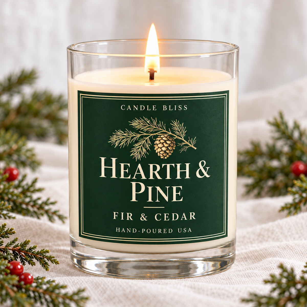 Hearth & Pine Fir & Cedar scented candle – Candle Bliss Bliss Collection, 12oz clear glass tumbler, hand-poured coconut apricot wax