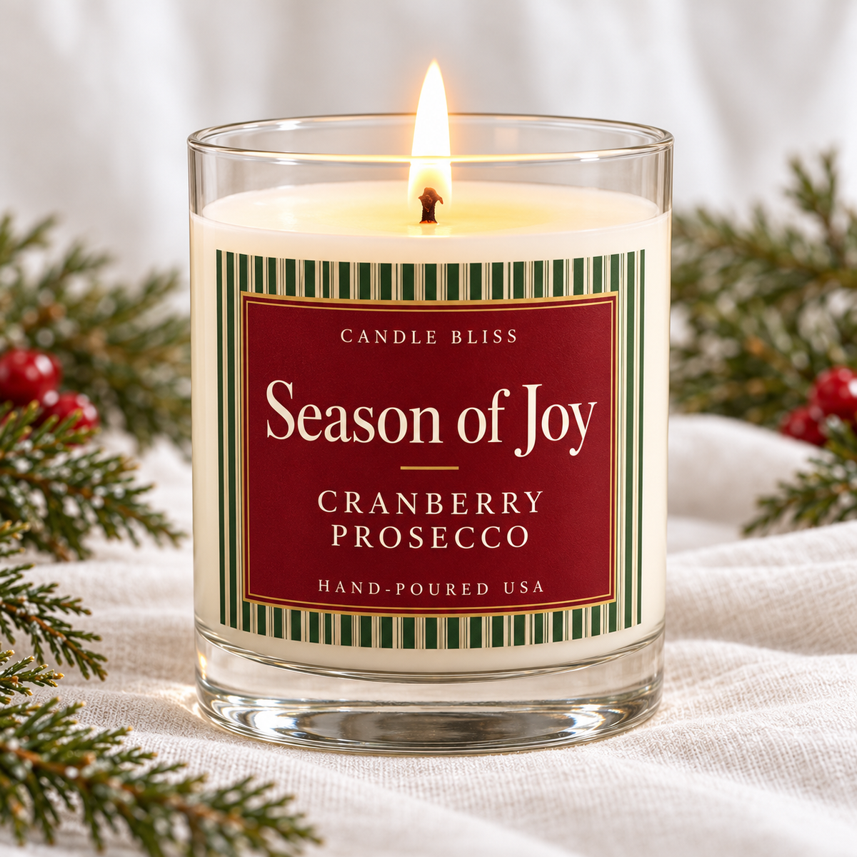 Season of Joy Cranberry Prosecco scented candle – Candle Bliss Bliss Collection, 12oz clear glass tumbler, hand-poured coconut apricot wax