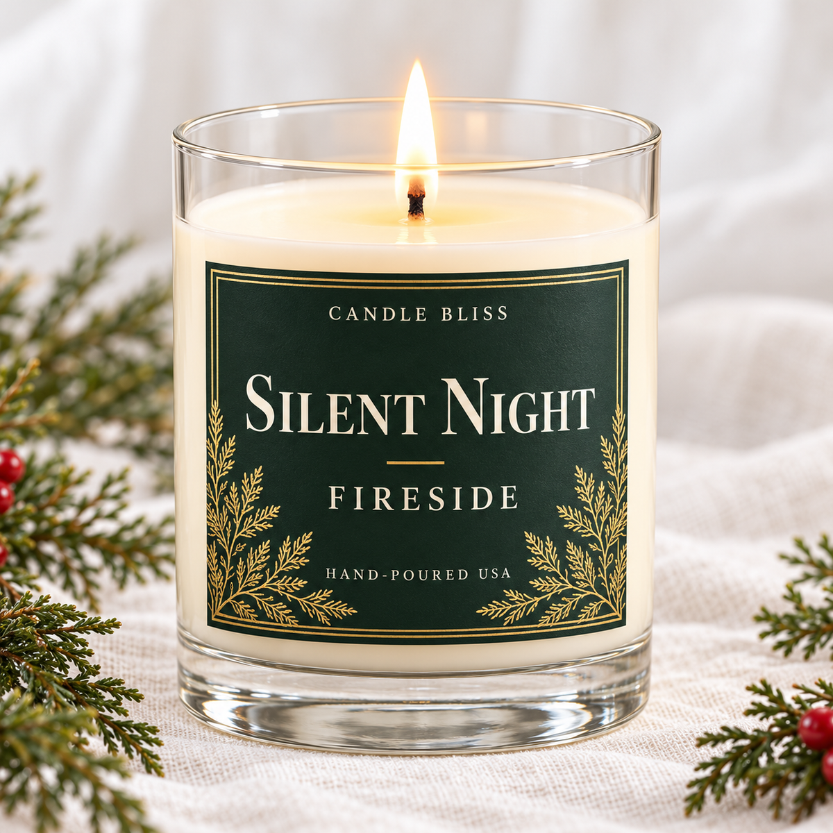 Silent Night Fireside scented candle – Candle Bliss Bliss Collection, 12oz clear glass tumbler, hand-poured coconut apricot wax