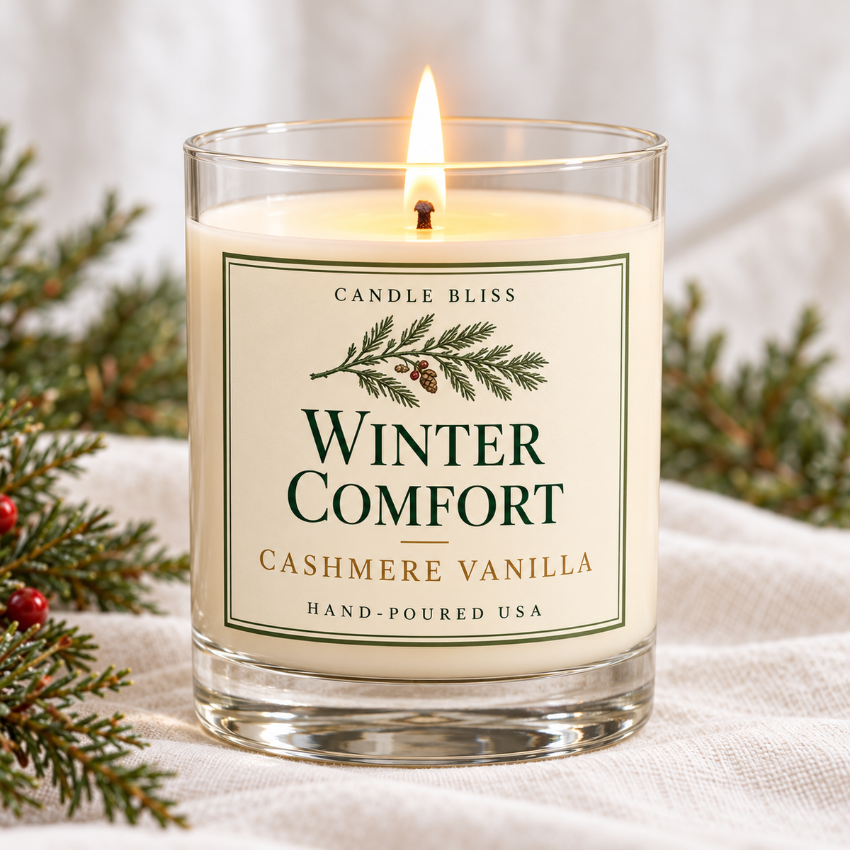 Winter Comfort Cashmere Vanilla scented candle – Candle Bliss Bliss Collection, 12oz clear glass tumbler, hand-poured coconut apricot wax