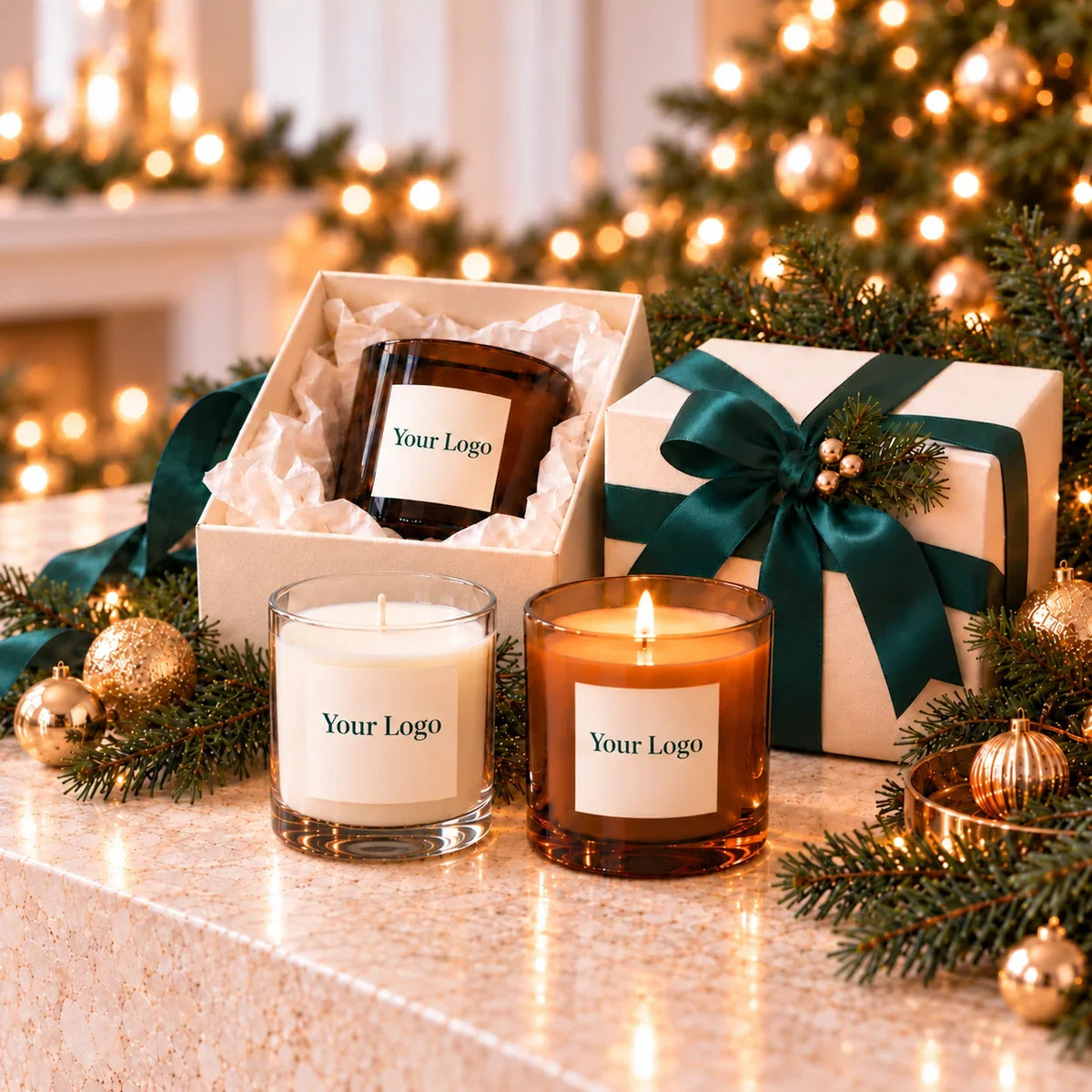 Custom logo label candles in amber and clear jars wrapped as corporate holiday gifts