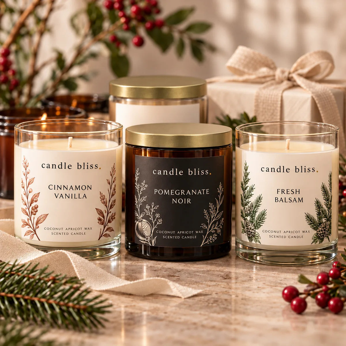 Three Candle Bliss branded candles in amber and clear glass jars with gold lids, styled with evergreen and a wrapped gift