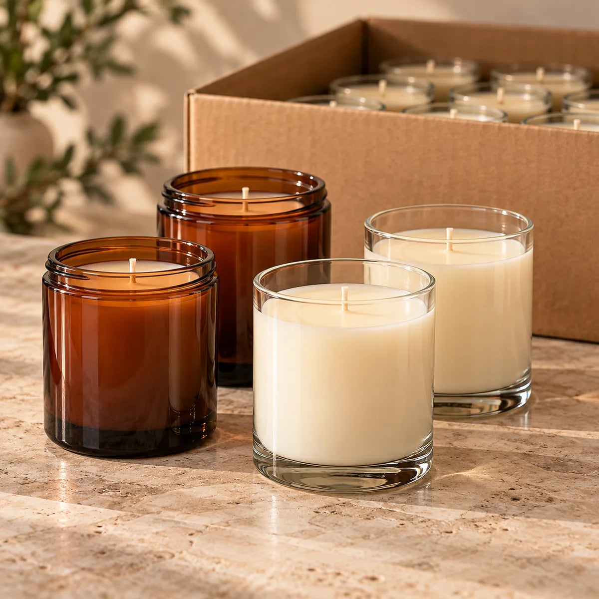 Unlabeled candles in plain glass jars, ready for your own labels