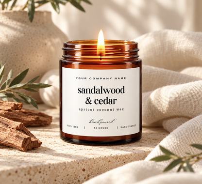 Custom label candle in amber jar with lowercase serif label design – Style 5