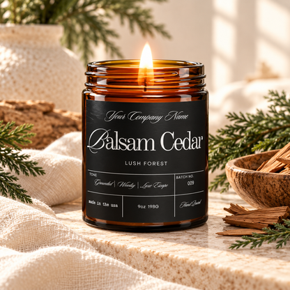 Custom label candle in amber jar with black apothecary label design – Style 8
