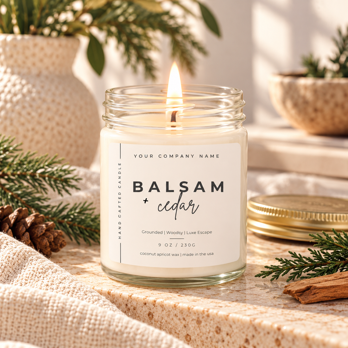 Custom label candle in clear jar with vertical text label design – Style 19