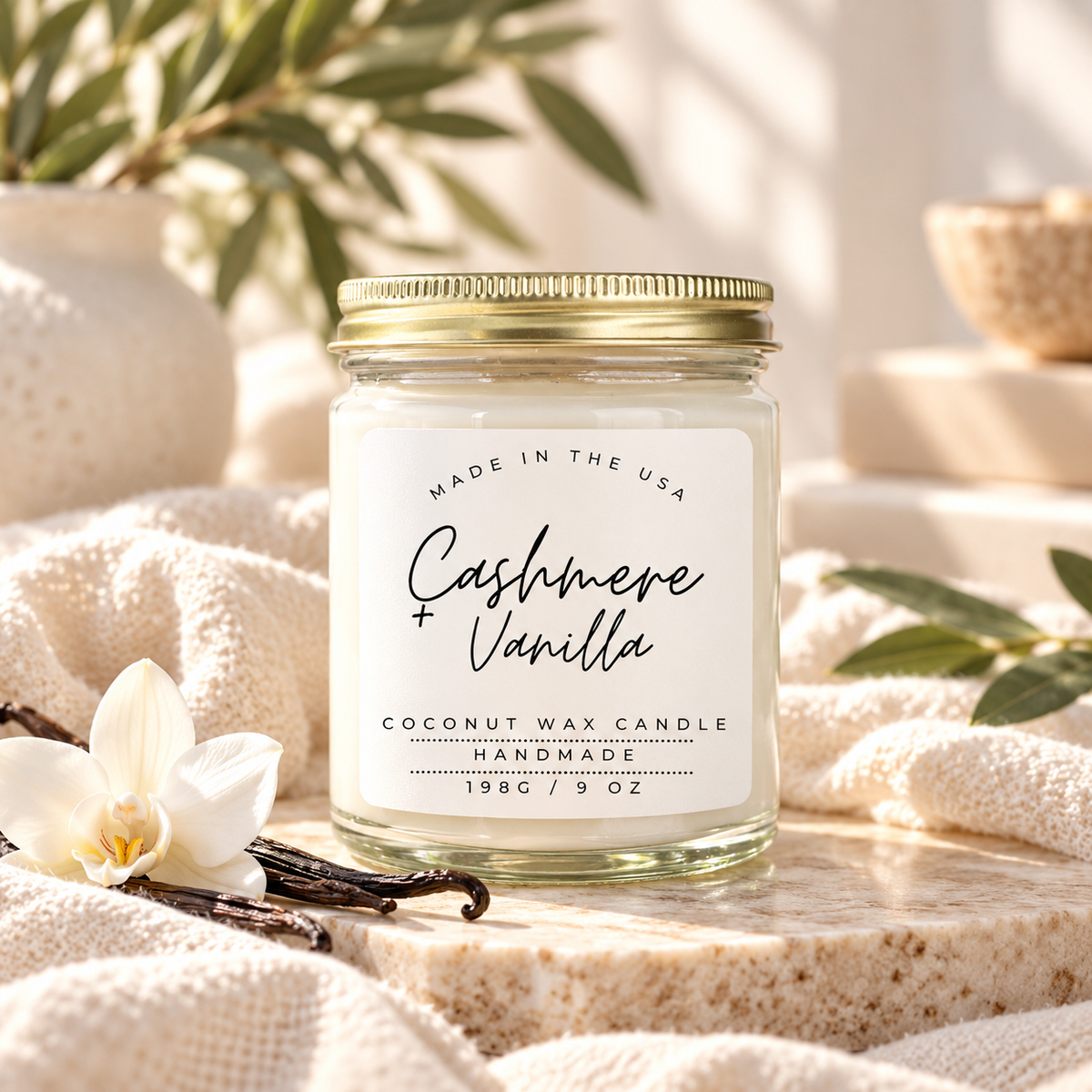 Custom label candle in clear jar with white script label design – Style 21