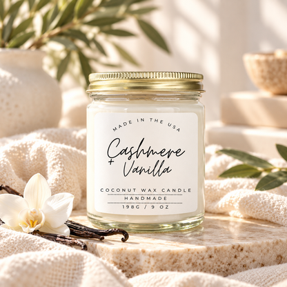 Custom label candle in clear jar with white script label design – Style 21