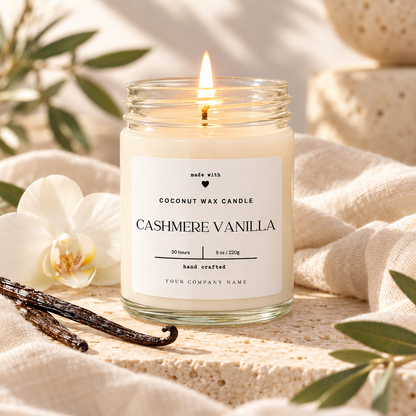 Custom label candle in clear jar with heart accent serif label design – Style 20