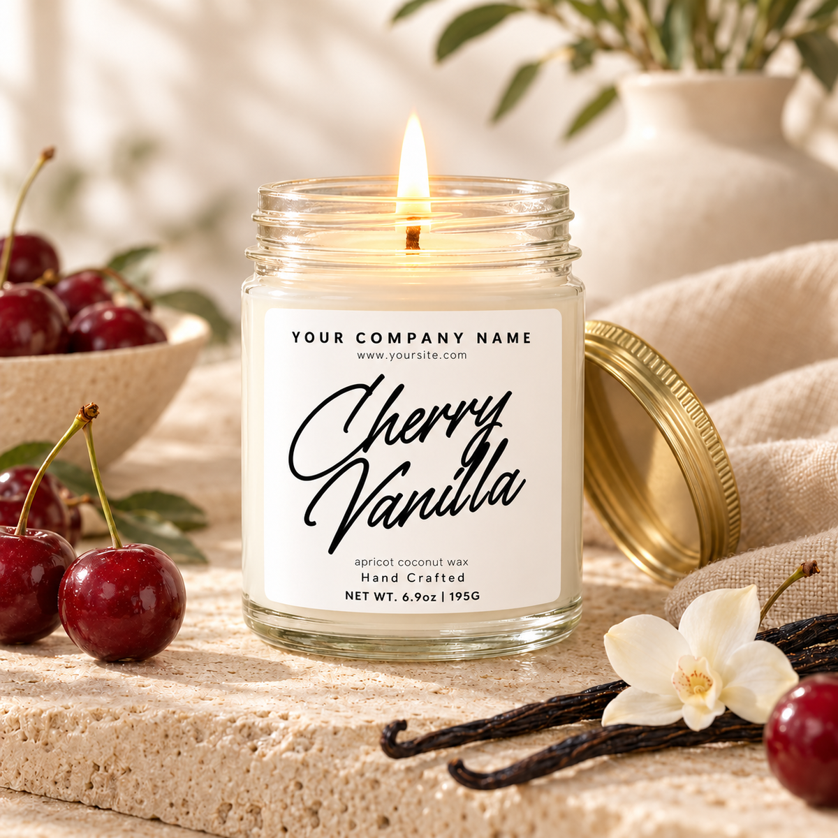 Custom label candle in clear jar with bold script label design – Style 15