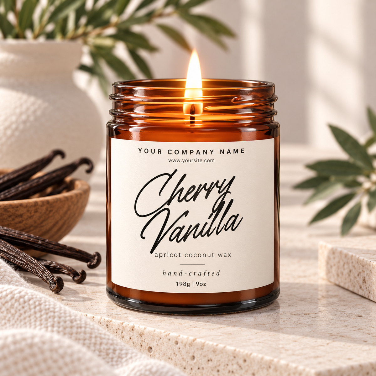 Custom label candle in amber jar with bold script label design – Style 4