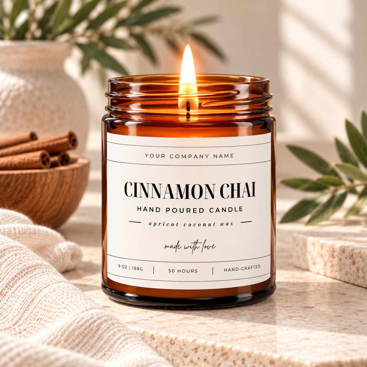 Custom label candle in amber jar with classic serif label design – Style 3