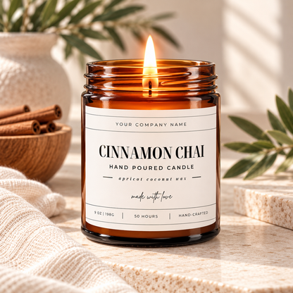 Custom label candle in amber jar with classic serif label design – Style 3