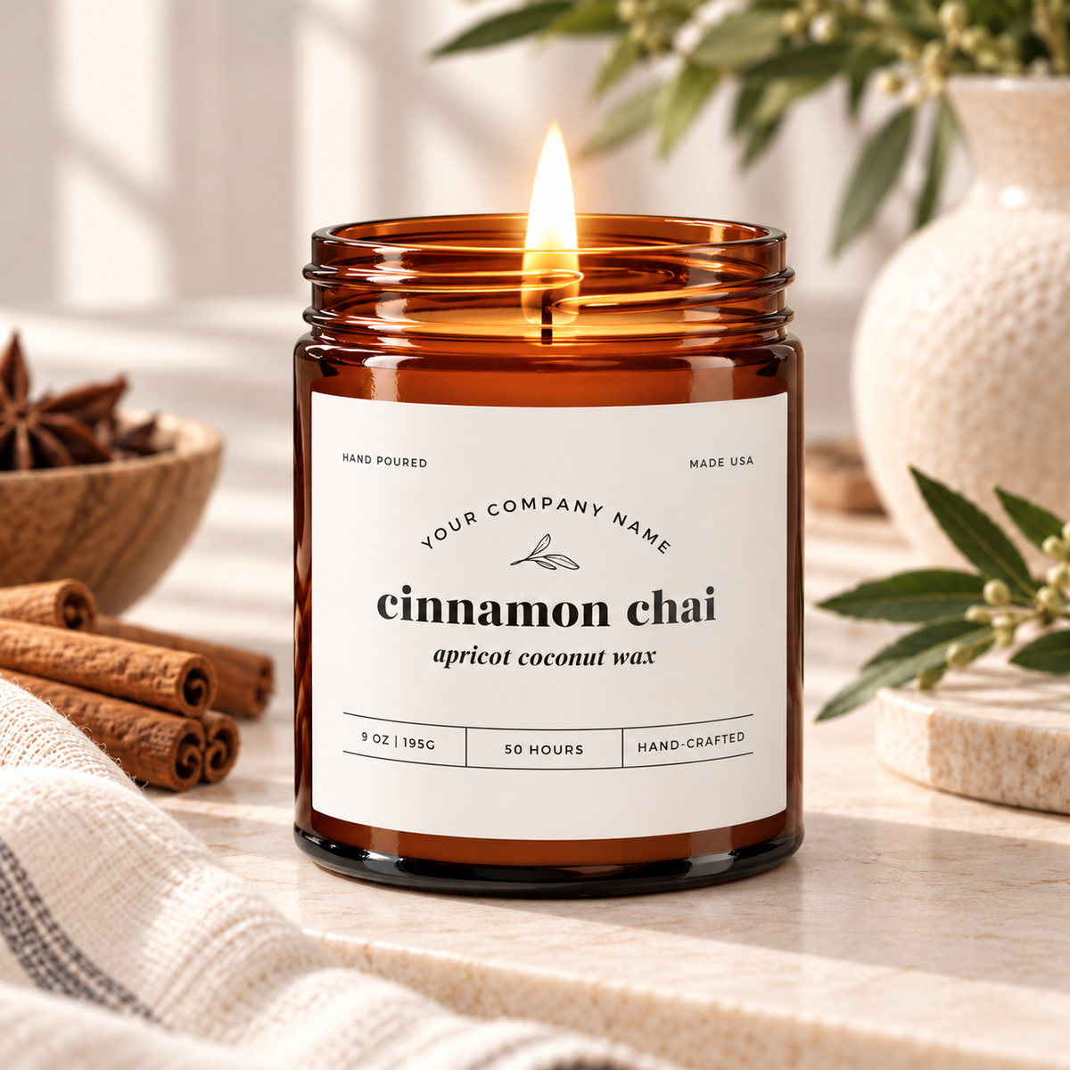 Custom label candle in amber jar with leaf sprig serif label design – Style 6