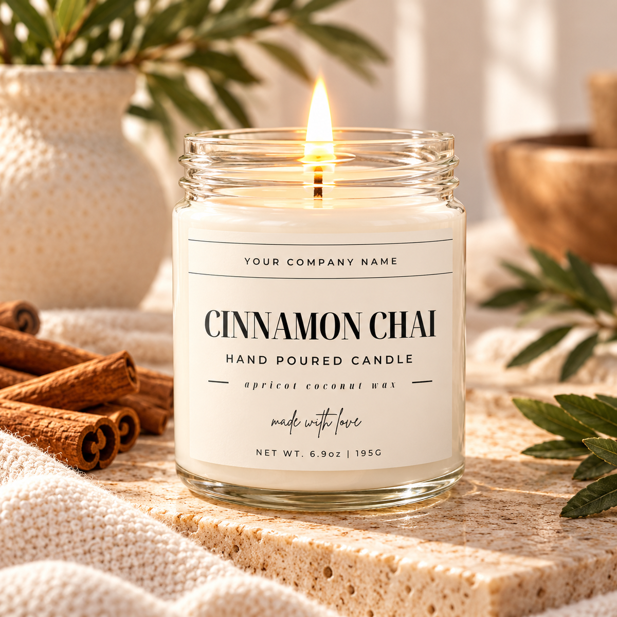Custom label candle in clear jar with classic serif label design – Style 14