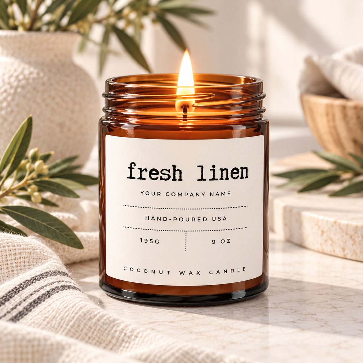 Custom label candle in amber jar with typewriter label design – Style 7