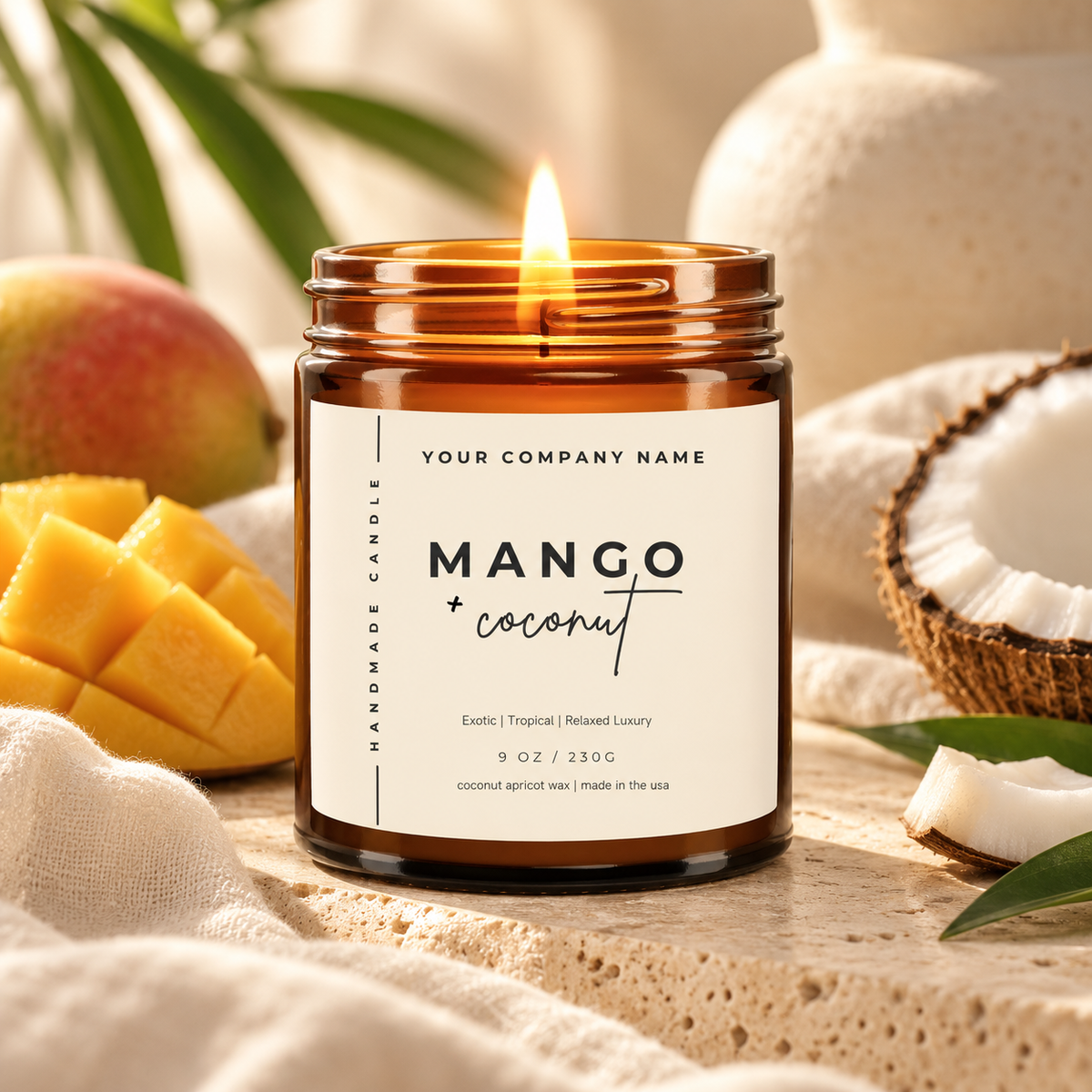 Custom label candle in amber jar with cream serif & script label design – Style 10
