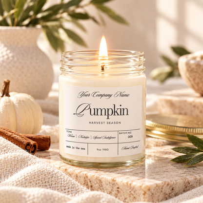 Custom label candle in clear jar with white apothecary label design – Style 18