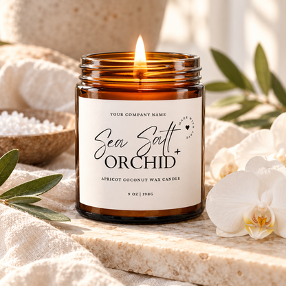 Custom label candle in amber jar with white script & serif label design – Styles 1 and 2
