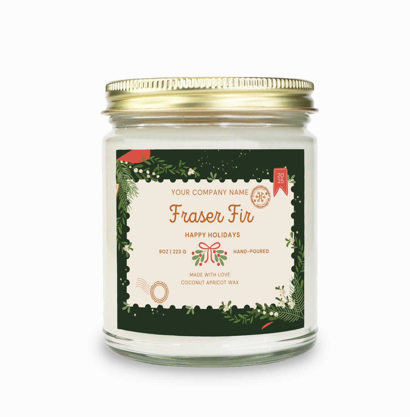 Pre-Designed Label, Clear Glass Jar Candle Holiday Style 3