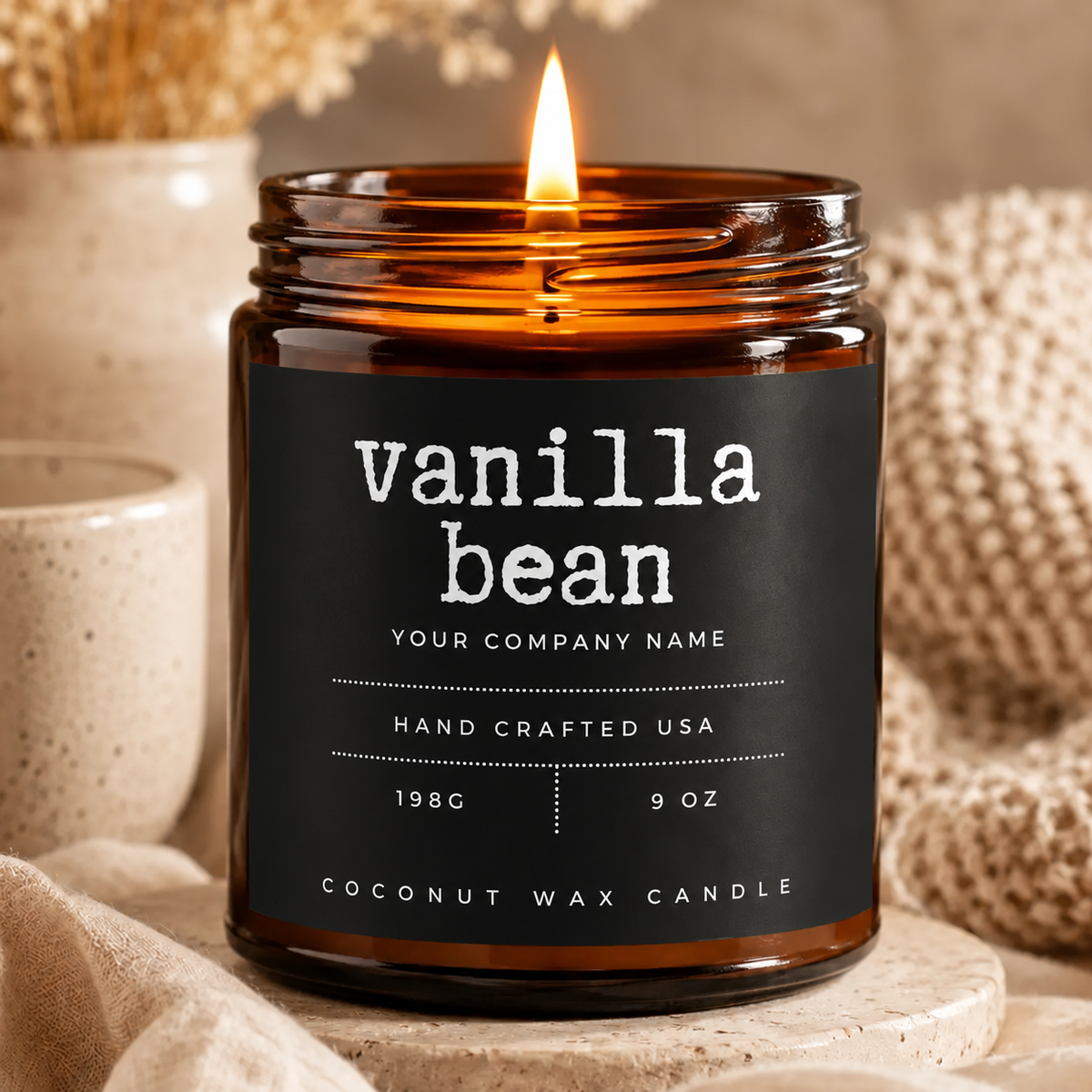 Custom label candle in amber jar with black typewriter label design – Style 9