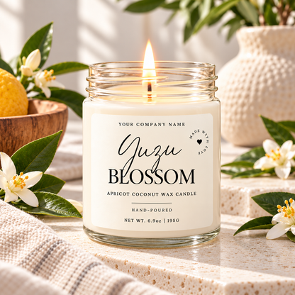 Custom label candle in clear jar with white script & serif label design – Style 13