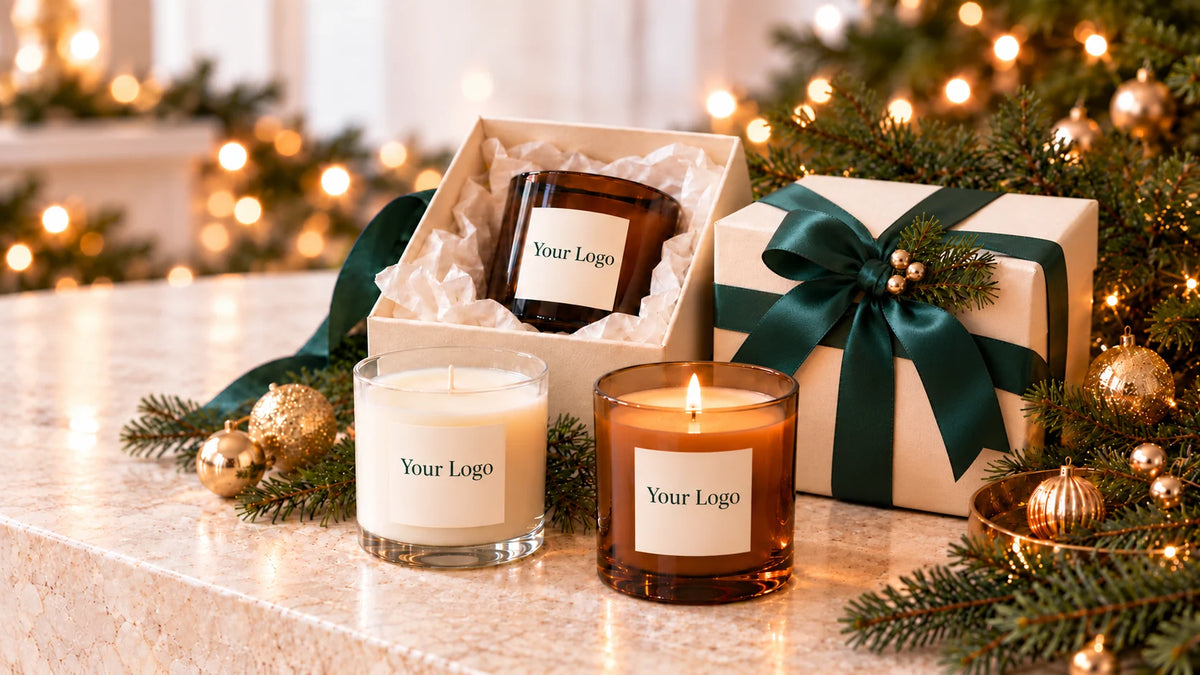Custom logo label candles in amber and clear jars wrapped as corporate holiday gifts