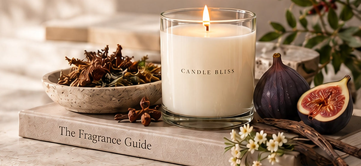 Candle Bliss clear jar candle beside spices, figs and The Fragrance Guide book