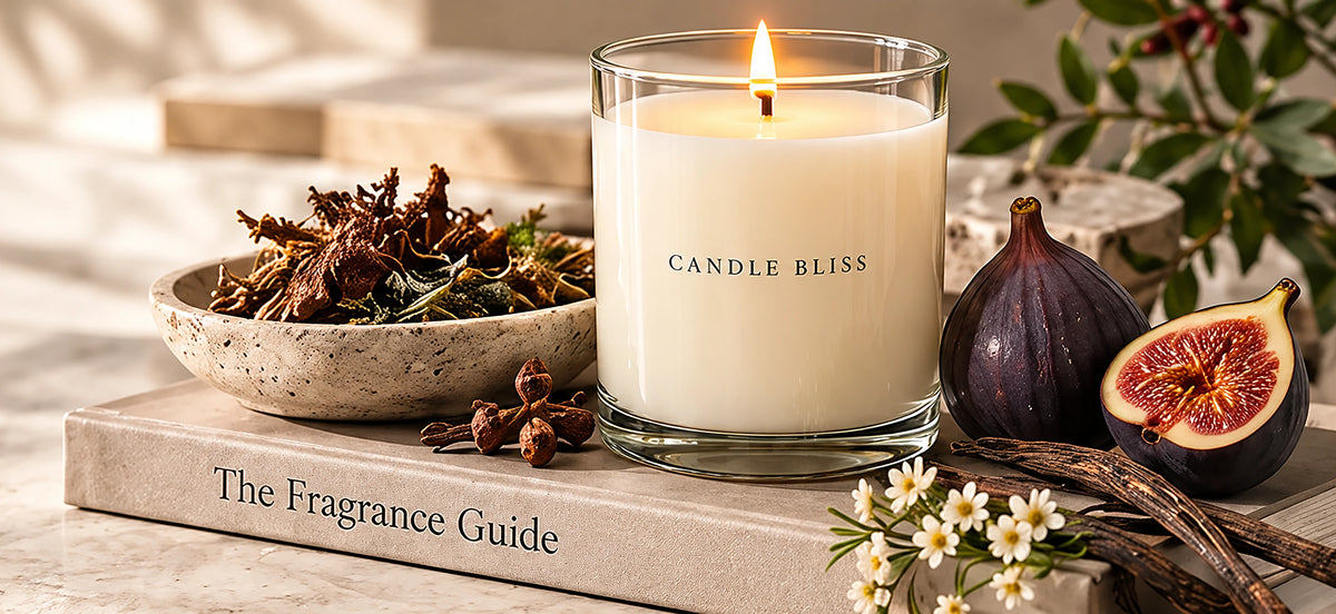Candle Bliss candle on The Fragrance Guide book with fresh figs