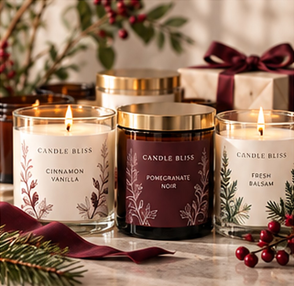 Candle Bliss Signature Collection candles with holiday greenery and velvet ribbon