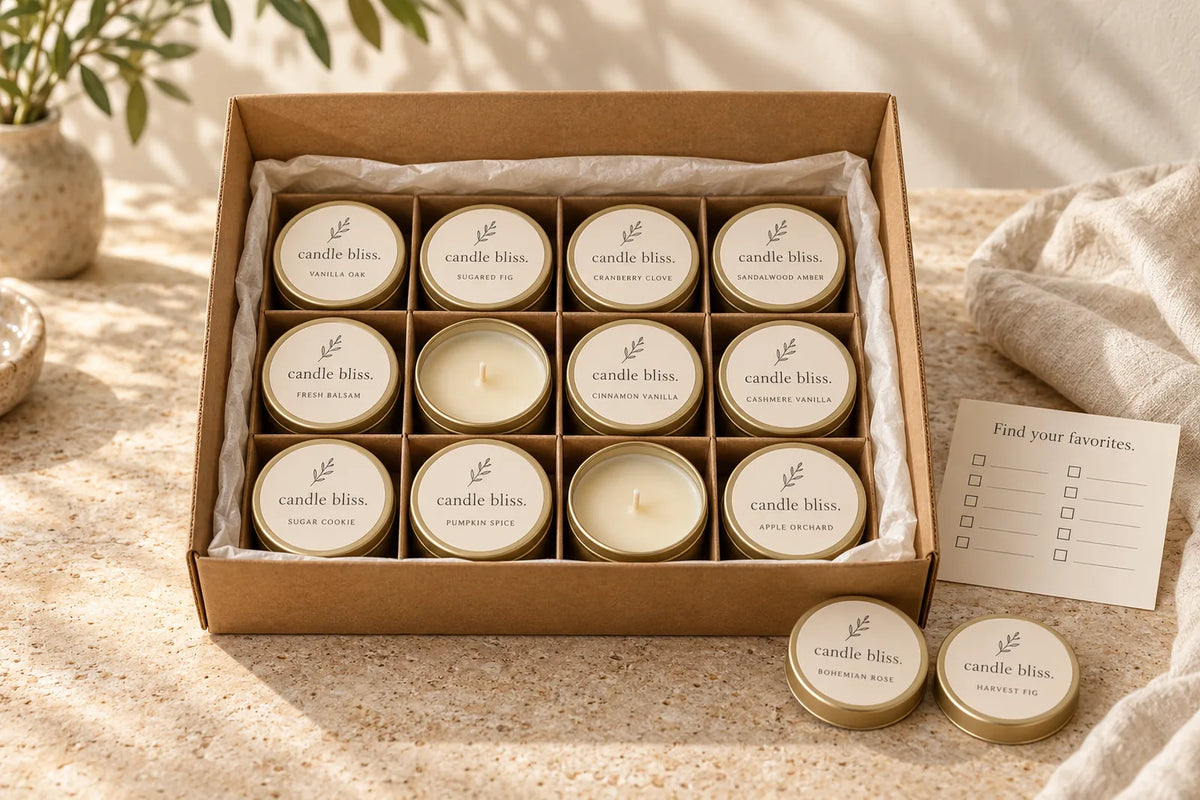 Candle Bliss sample kit: a kraft box of 12 gold-lidded sample tins with a Find your favorites card