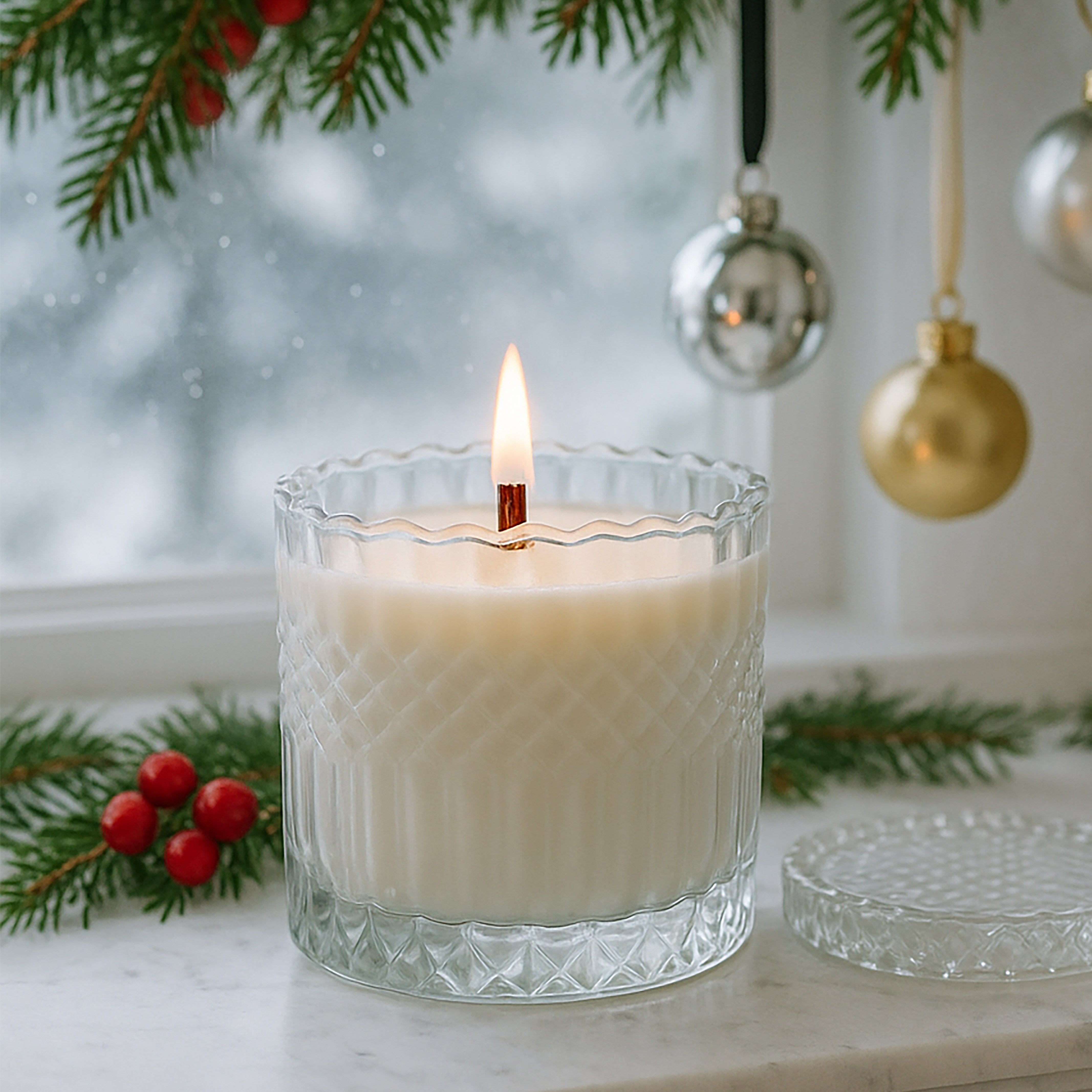 Faceted Crystal Glass Candle with Wooden Wick & Lid – Luxe Shelf-Ready Retail Candle